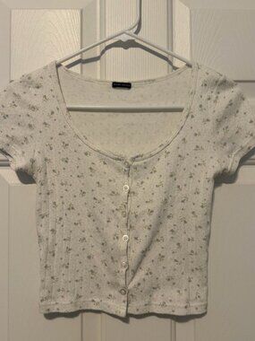 White Cropped Scoop Button Top with Floral Print